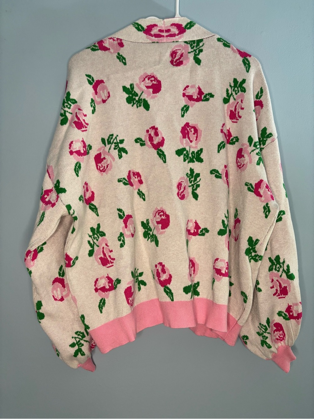 J.nna Knit Rose Floral Open Front Cardigan Pink Front Pockets Barbie Girly - Picture 2 of 5
